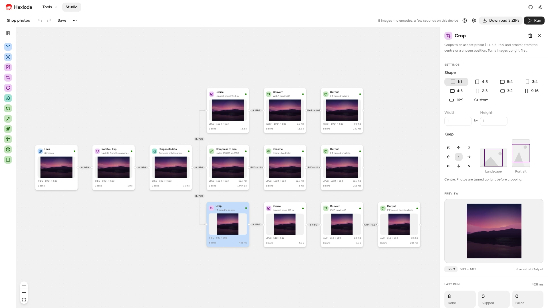 The Studio running a pipeline of thirteen steps on eight photos: rotate, remove location, then three branches that resize and save WebP, crop square AVIF thumbnails, and compress JPEGs for email.